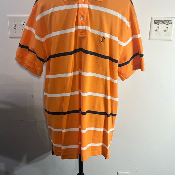 AAROW, XL, ORANGE/BLUE/WHITE STRIPE, SHORT SLEEVE, 3/4 BUTTON COLLAR POLO. - Picture 6 of 6